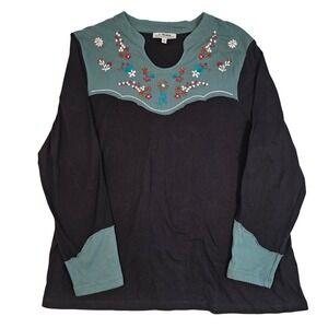 Back in the Saddle Black Teal Floral Embroidered Western Top 1X Long Sleeve
